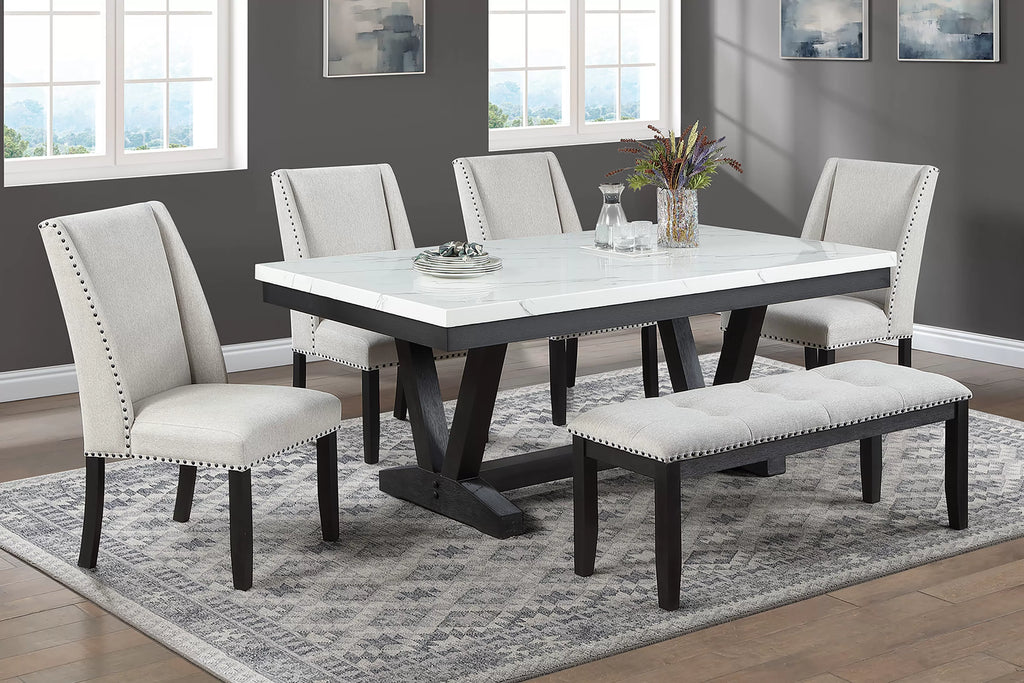 Poundex F2712-1958-59 6 pc Antique black finish wood faux marble top rectangular dining table set with bench