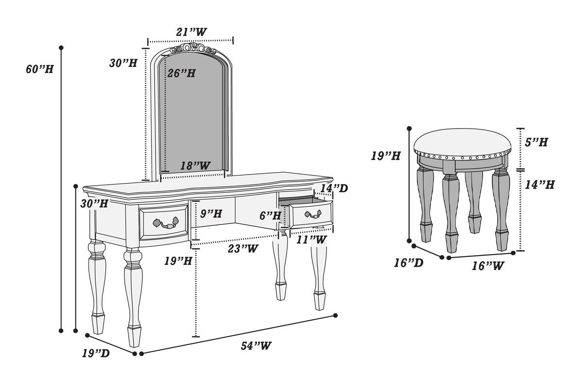 Poundex F4009 3 pc black finish wood make up bedroom vanity set curved legs stool and mirror