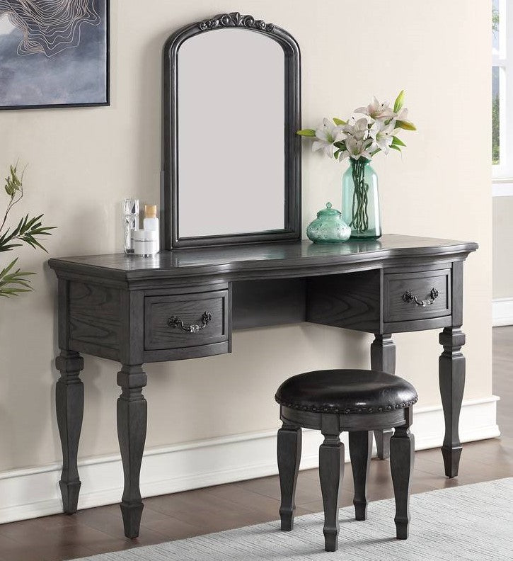 Poundex Grey Finish Wood 3-Piece Bedroom Makeup Vanity Set with Curved Legs, Stool & Mirror – F4005