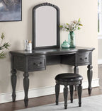 Poundex Grey Finish Wood 3-Piece Bedroom Makeup Vanity Set with Curved Legs, Stool & Mirror – F4005