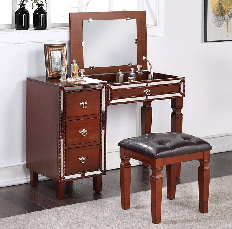 Poundex F4202 2 pc Angelica cherry finish wood make up bedroom vanity set flip up mirror and stool