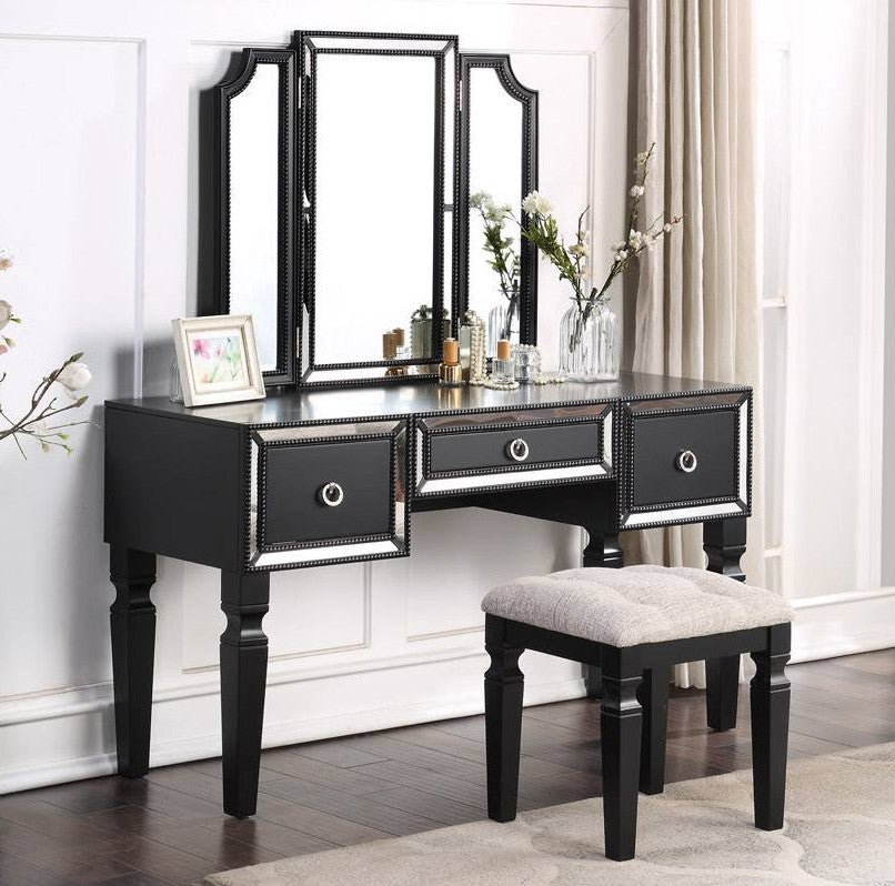 Poundex F4219 3 pc black finish wood make up bedroom vanity set tri fold mirror