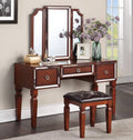 Poundex F4220 3 pc cherry finish wood make up bedroom vanity set tri fold mirror