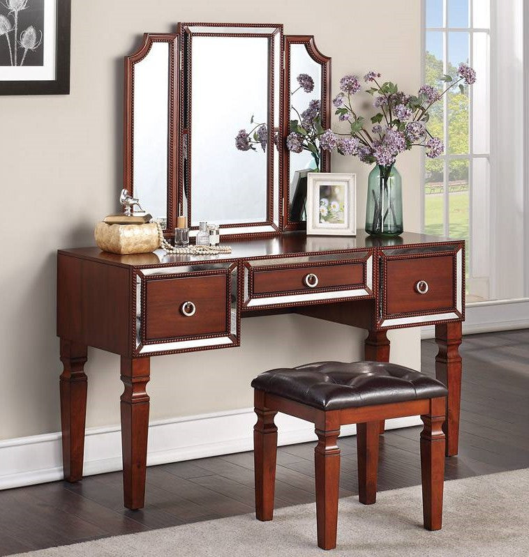 Poundex F4220 3 pc cherry finish wood make up bedroom vanity set tri fold mirror