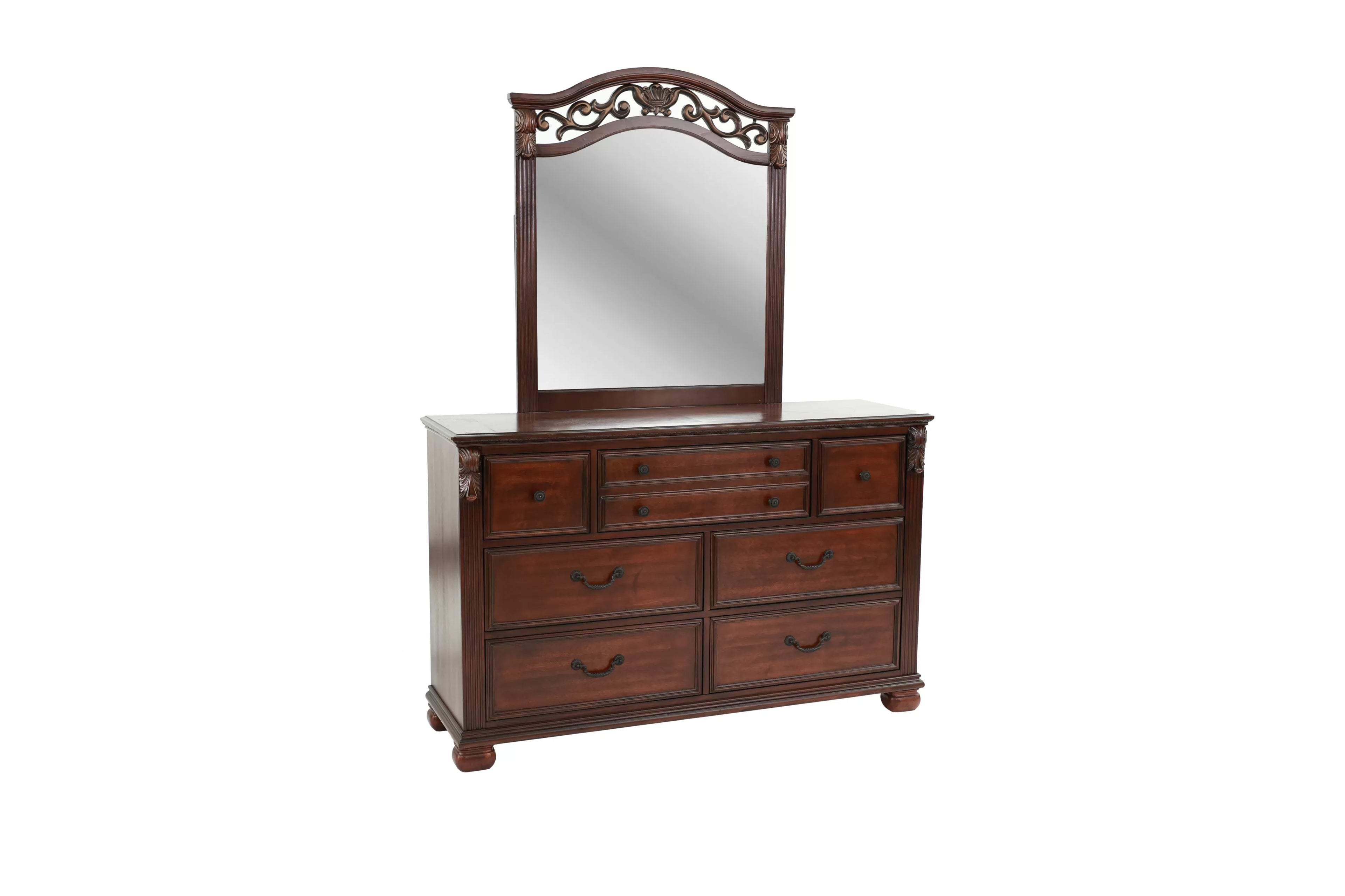 Poundex F9687Q-4PC 4 pc Morgan cherry brown finish wood ornate accented headboard and footboard queen bed set