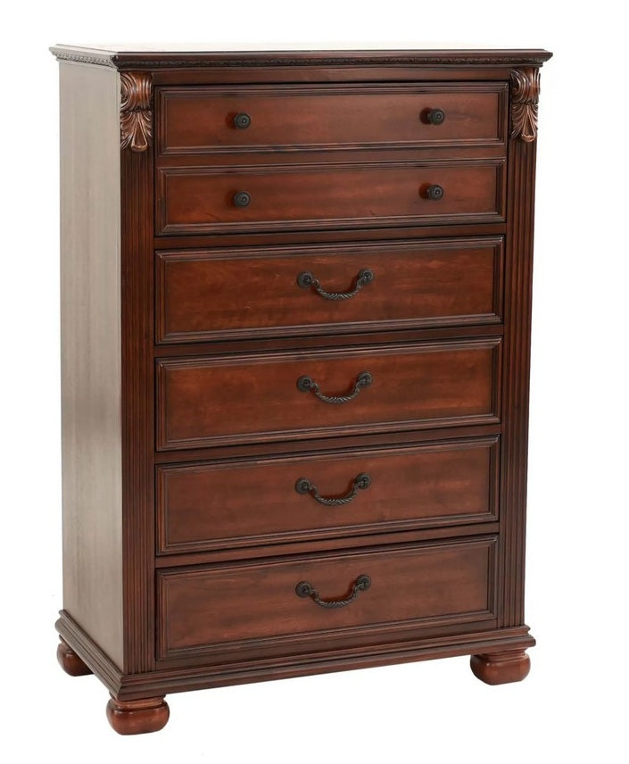 Poundex F5489 Cherry brown finish wood 5 drawer tall chest bun feet