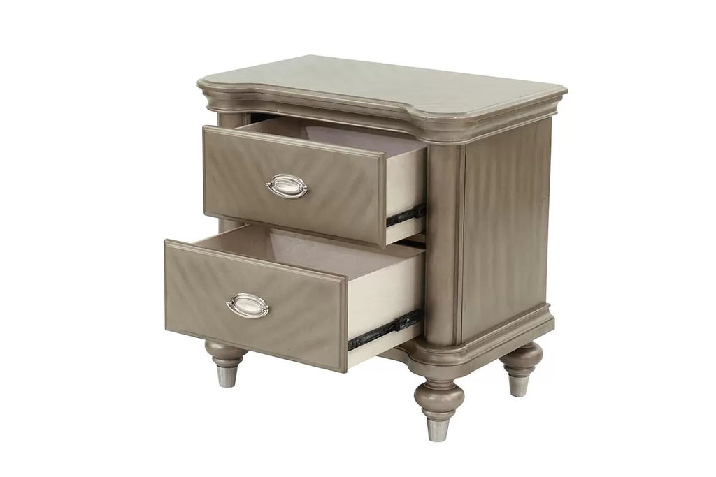 Metallic Finish Wood Nightstand with Two Drawers & Turned Legs – F5506