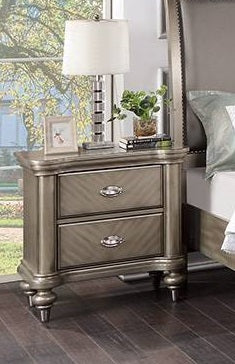 Metallic Finish Wood Nightstand with Two Drawers & Turned Legs – F5506