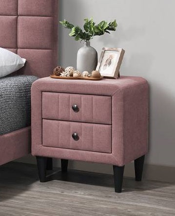 Poundex F5556  Pink brushed linen fabric 2 drawer rounded ends upholstered nightstand