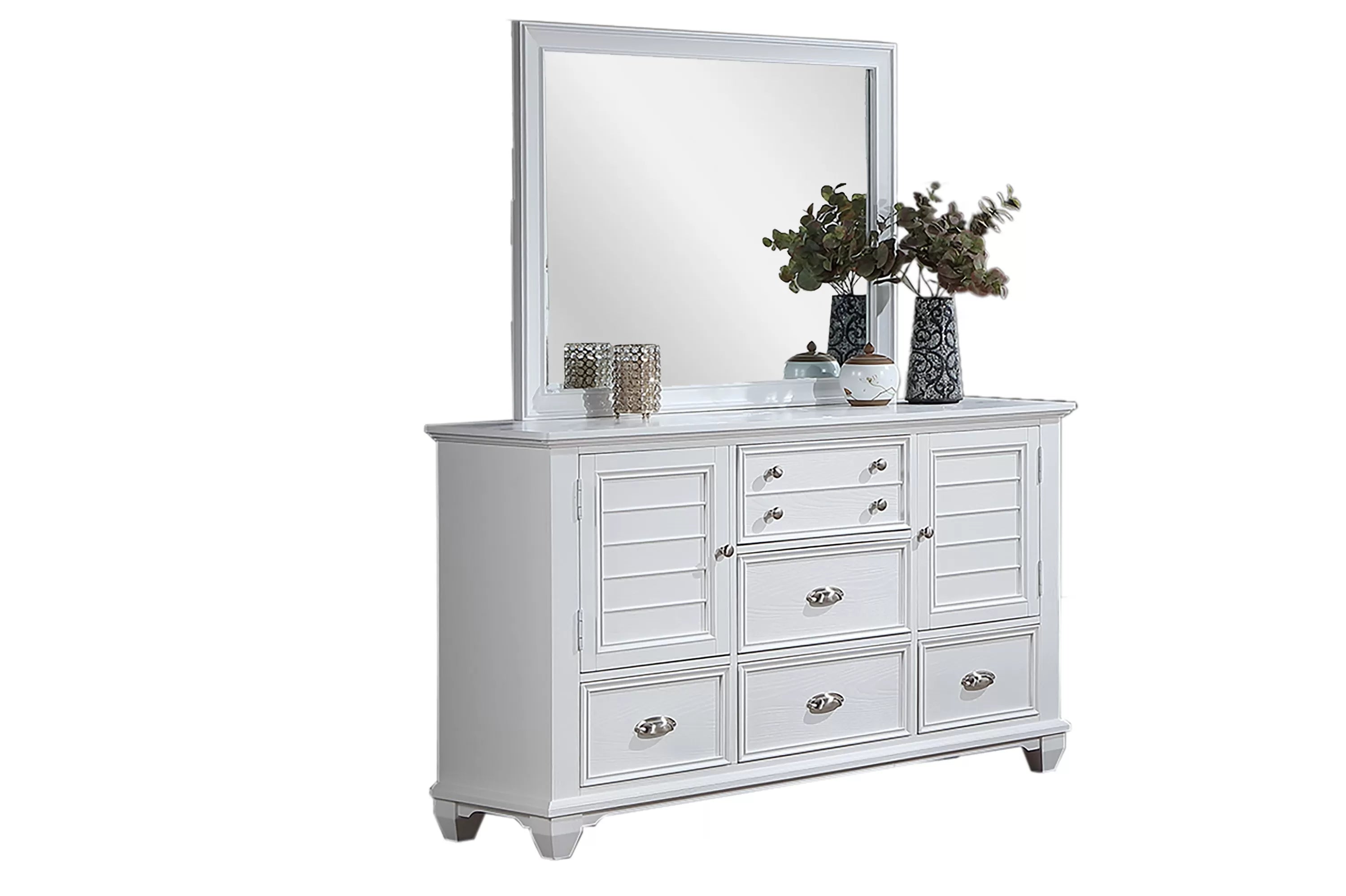 Poundex F9683Q-4PC 4 pc White finish wood country style LED lighting queen bed set footboard drawers
