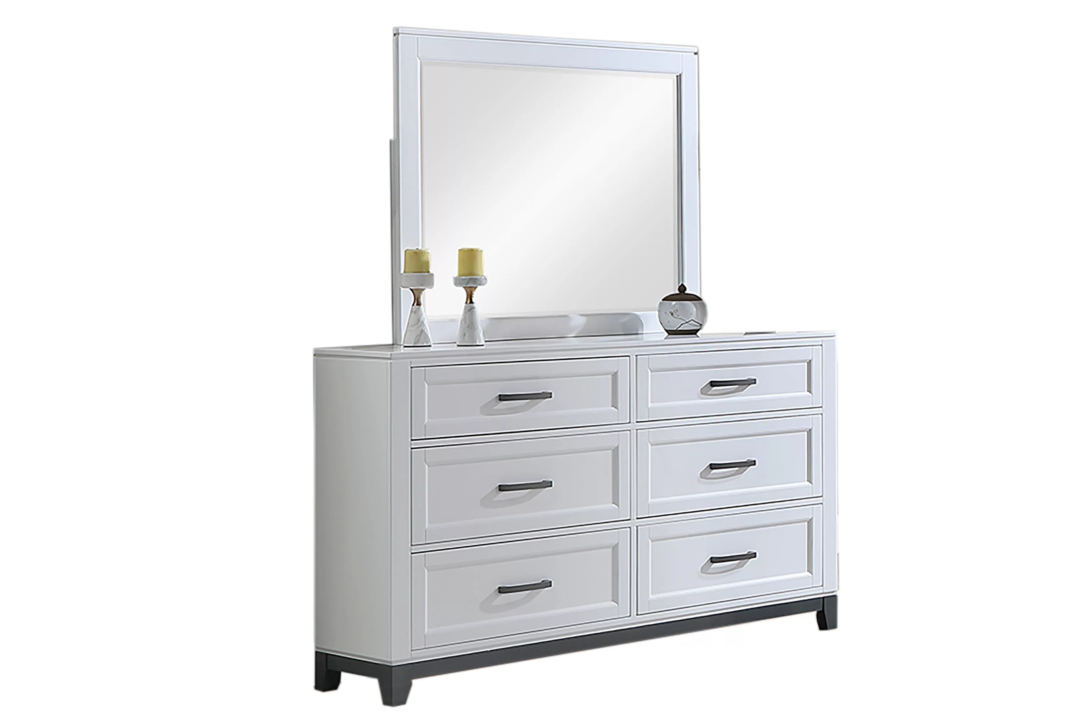 Poundex F9684Q-4PC 4 pc Antique white and grey finish wood queen bed set footboard drawers