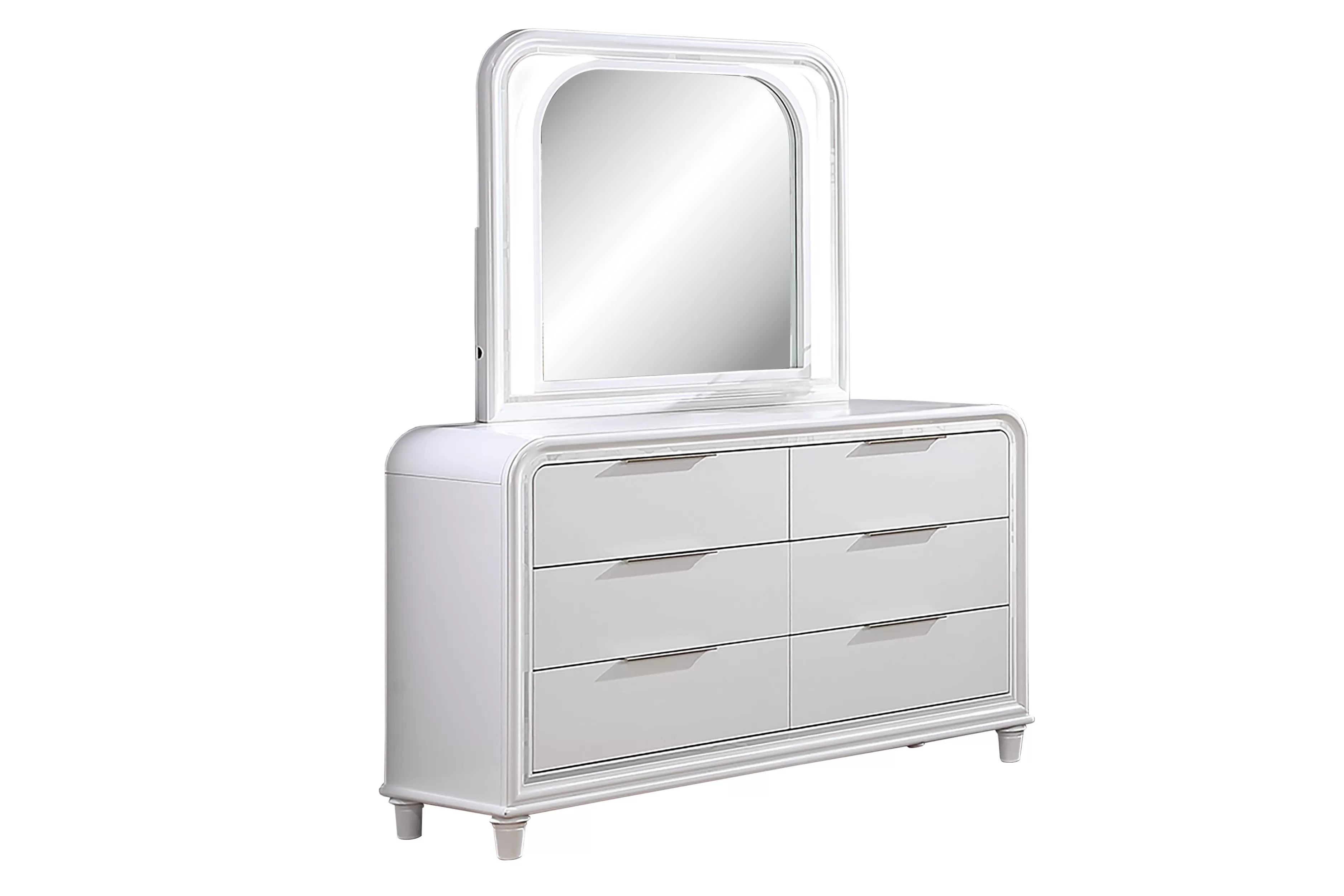 Poundex F9688Q-4PC 4 pc Pearl white finish wood mirror accents LED lighting queen bed set