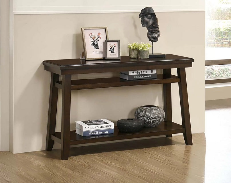 Poundex F6380 Dark brown finish wood sofa entry console table with two lower shelves