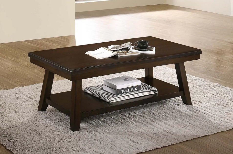 Poundex F6381 Dark brown finish wood coffee table with lower shelf