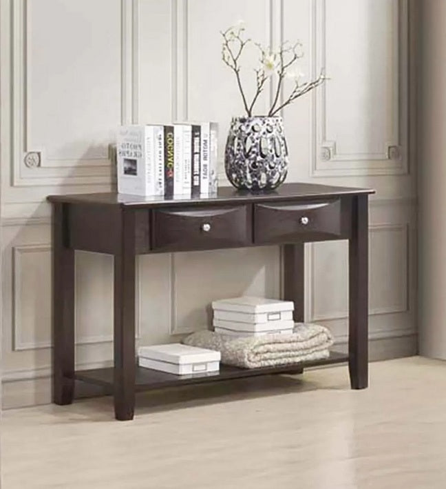 Poundex F6386 Dark brown finish wood sofa entry console table with two drawers and lower shelf