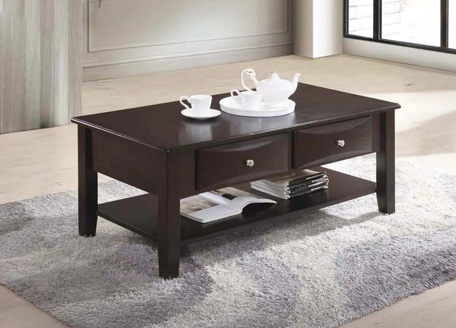 Poundex F6387 Dark brown finish wood coffee table with 2 - drawers and lower shelf