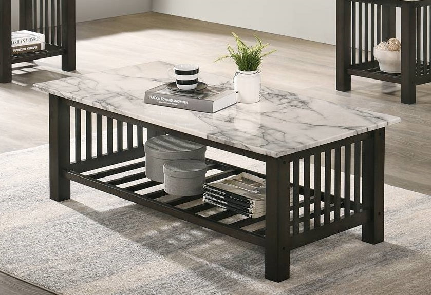 Poundex F6393 Two tone white faux marble top dark finish wood coffee table with lower shelf