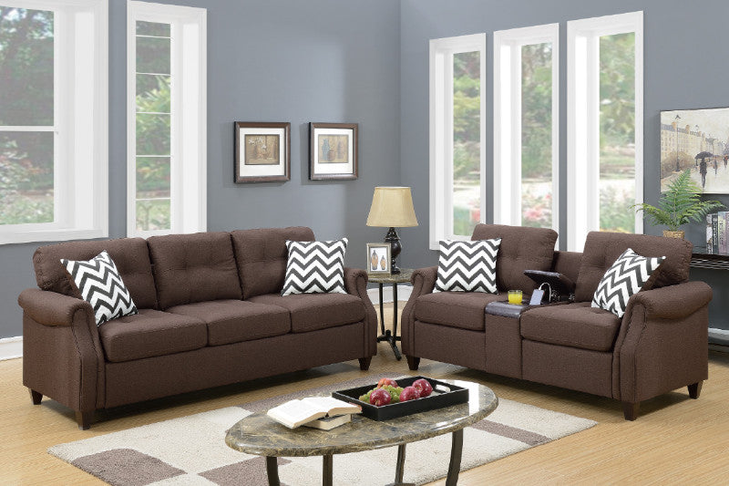 Poundex F6413 2 pc dark coffee linen like fabric sofa and love seat set drink console Charlton home firestone