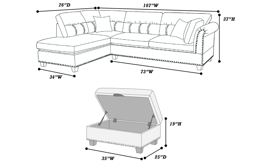 Poundex F6419 3 pc Martinique II paprika red velvet like fabric sectional sofa reversible chaise and ottoman