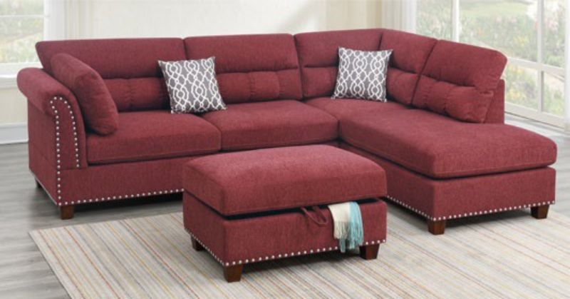 Poundex F6419 3 pc Martinique II paprika red velvet like fabric sectional sofa reversible chaise and ottoman