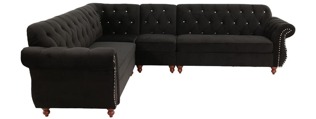 Poundex F6433 4 pc jolanda black velvet fabric sectional sofa with tufted backs