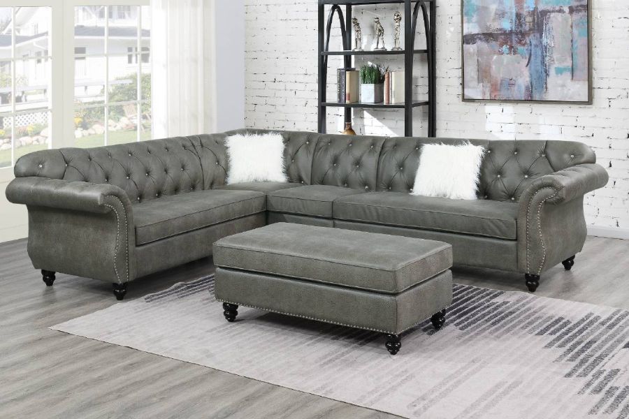Poundex F6438 4 pc jolanda grey breathable leatherette sectional sofa with tufted backs