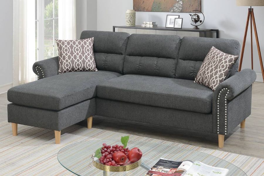 Poundex F6447 2 pc leta slate velvet fabric apartment size sectional sofa reversible chaise