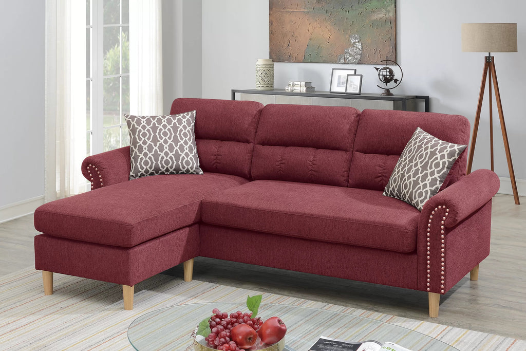 Poundex F6449 2 pc leta paprika red velvet fabric apartment size sectional sofa reversible chaise