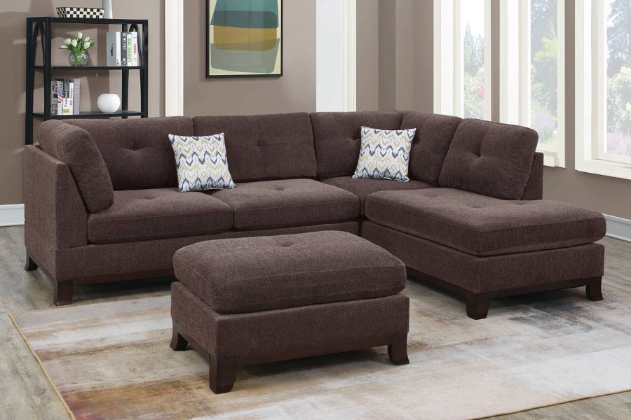 Poundex F6477 3 pc Canora gene dark coffee chenille fabric reversible chaise sectional sofa and ottoman