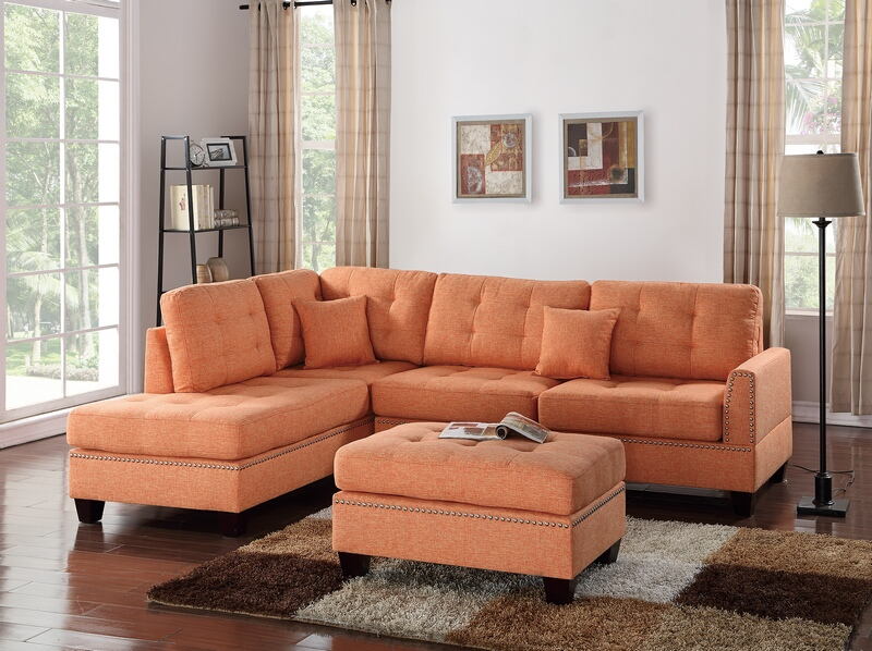 Poundex F6506 3 pc Allcott hill romulus citrus poly fiber fabric sectional sofa reversible chaise and ottoman