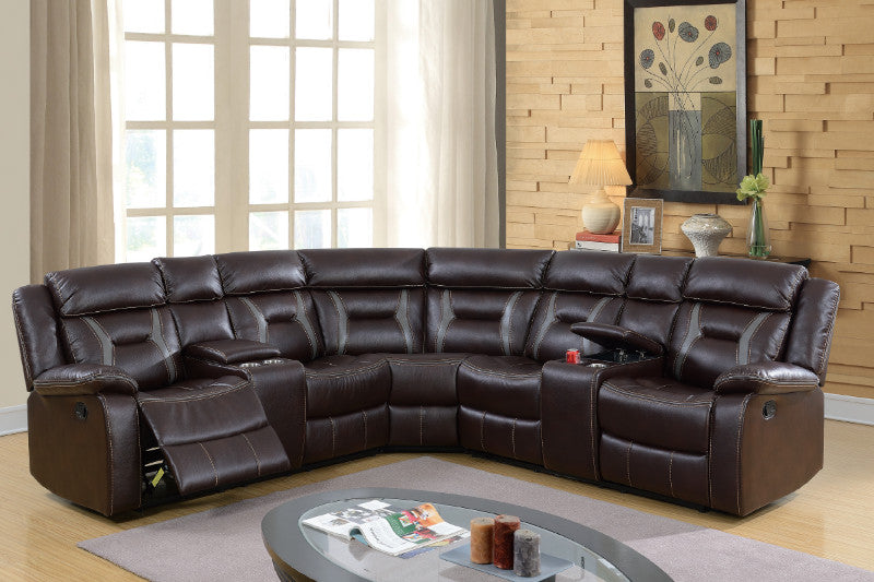 Poundex F6649 3 pc dark brown two tone gel leatherette sectional sofa with consoles and recliners
