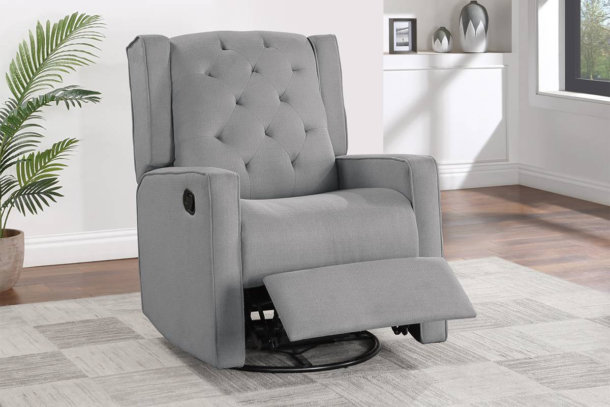 Poundex F6690 Dark grey polyfiber fabric swivel glider recliner with tufted backs