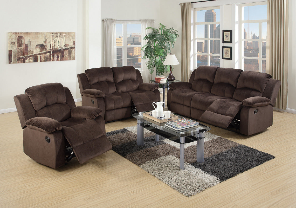 Poundex F6712-11 2 pc chocolate padded suede sofa and love seat set with recliner ends red barrel studio sullins