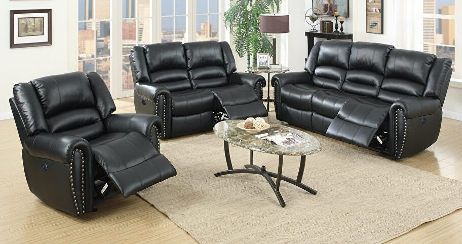 Poundex F6750-49 2 pc black bonded leather sofa and love seat set with recliner ends nail head trim accents