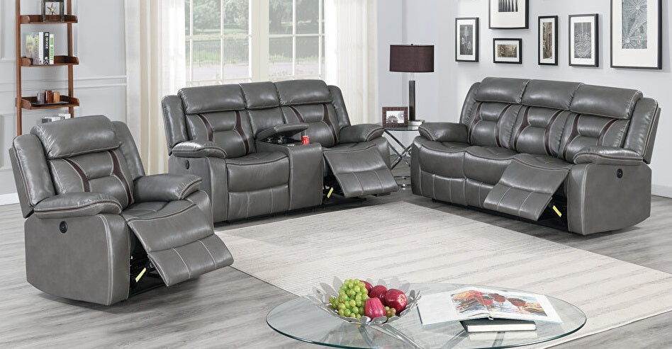 Poundex F6798-97 2 pc grey two tone gel leatherette sofa and love seat set with recliner ends