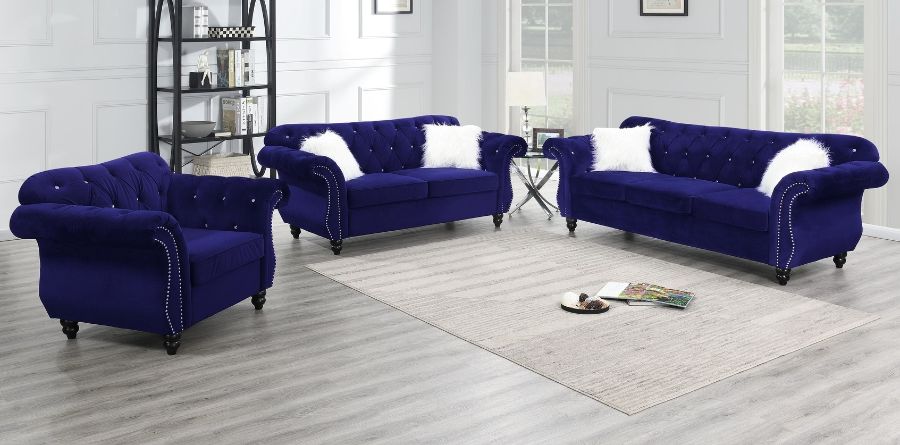 Poundex F6840-39 2 pc jolanda II indigo velvet fabric sofa and love seat set with tufted backs