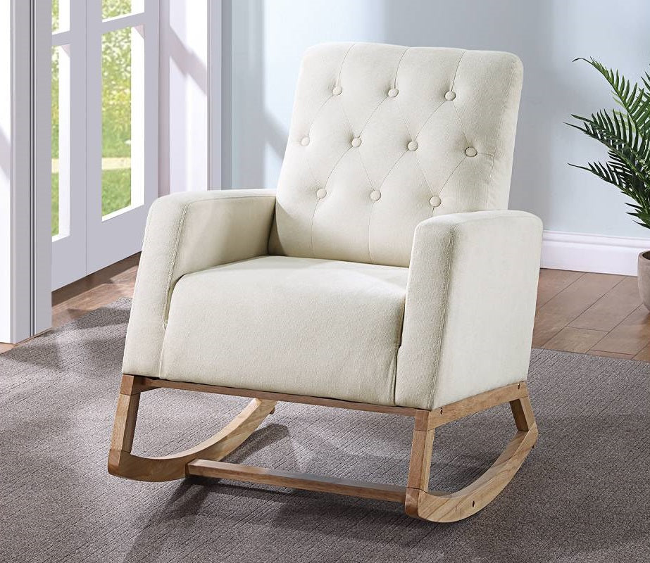 Poundex F6854 Ivory beige polyfiber fabric rocker chair with wood legs with tufted backs