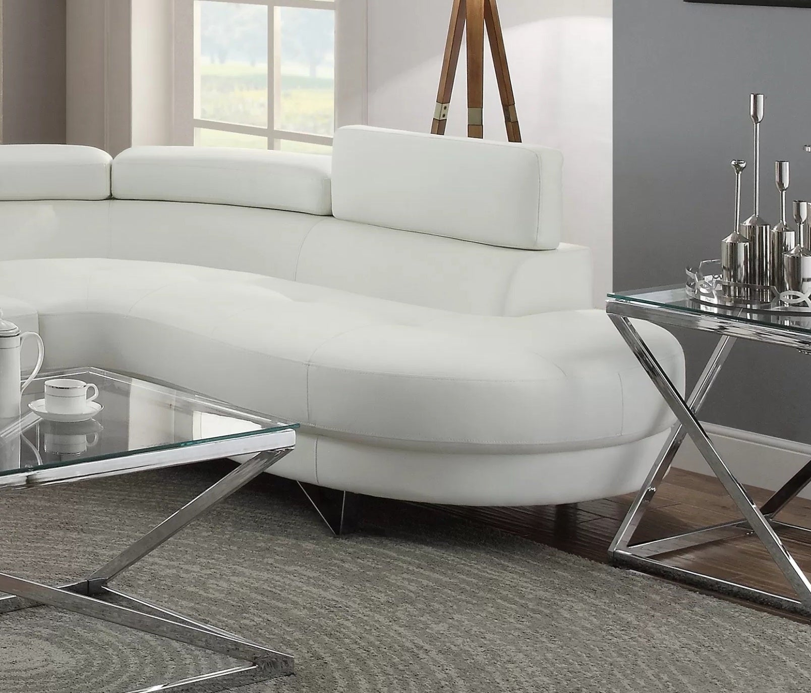 Poundex F6985 2 pc white faux leather sectional sofa set rounded