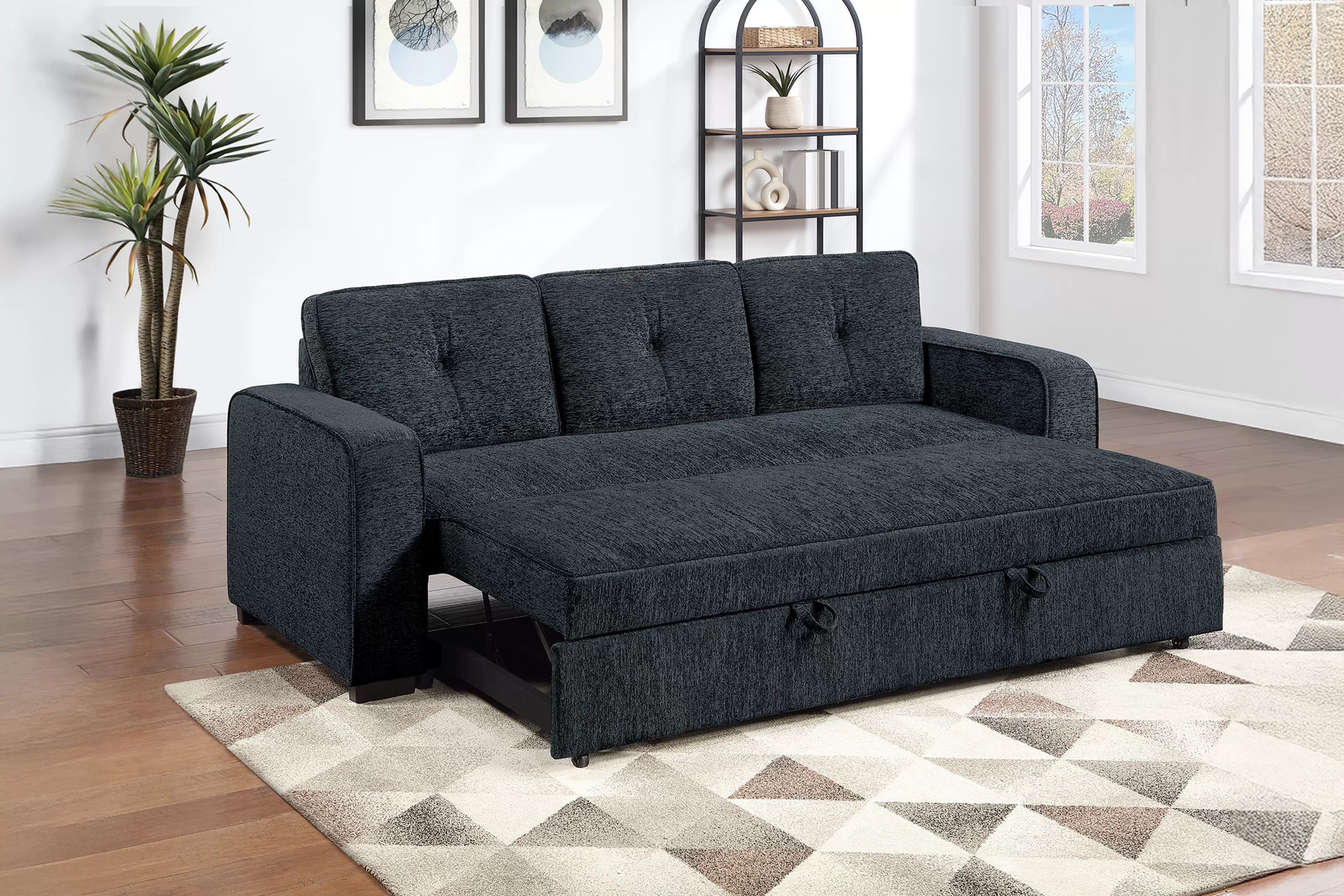 Poundex F7121 Black chenille fabric upholstered sofa sleeper with pop up sleep chaise