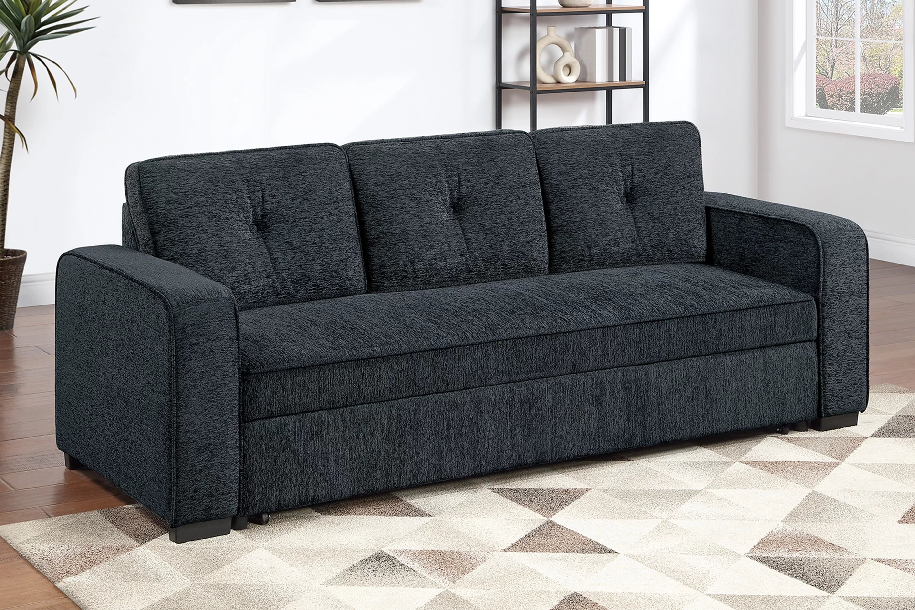 Poundex F7121 Black chenille fabric upholstered sofa sleeper with pop up sleep chaise