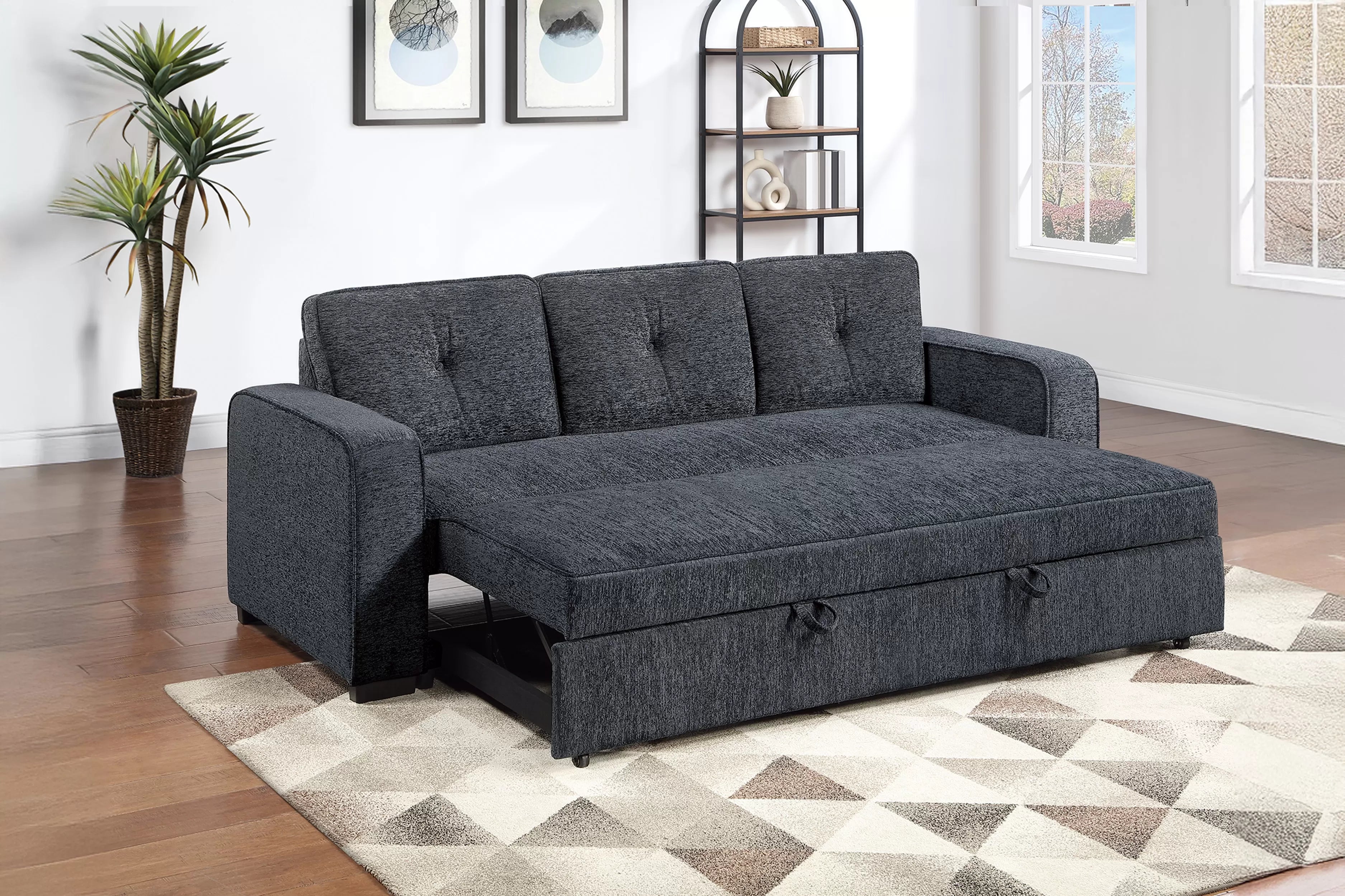 Poundex F7122 Dark grey chenille fabric upholstered sofa sleeper with pop up sleep chaise