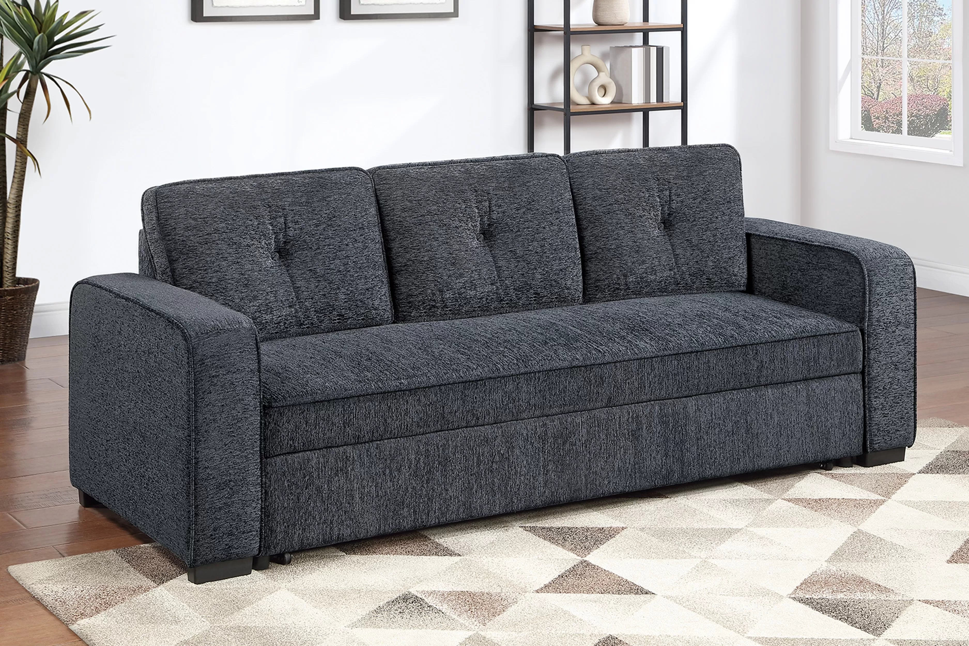 Poundex F7122 Dark grey chenille fabric upholstered sofa sleeper with pop up sleep chaise