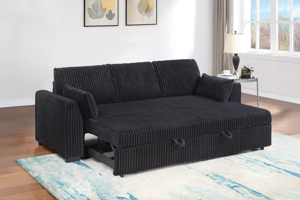 Poundex F7123 Black wide fur like corduroy fabric upholstered sofa sleeper with pop up sleep chaise
