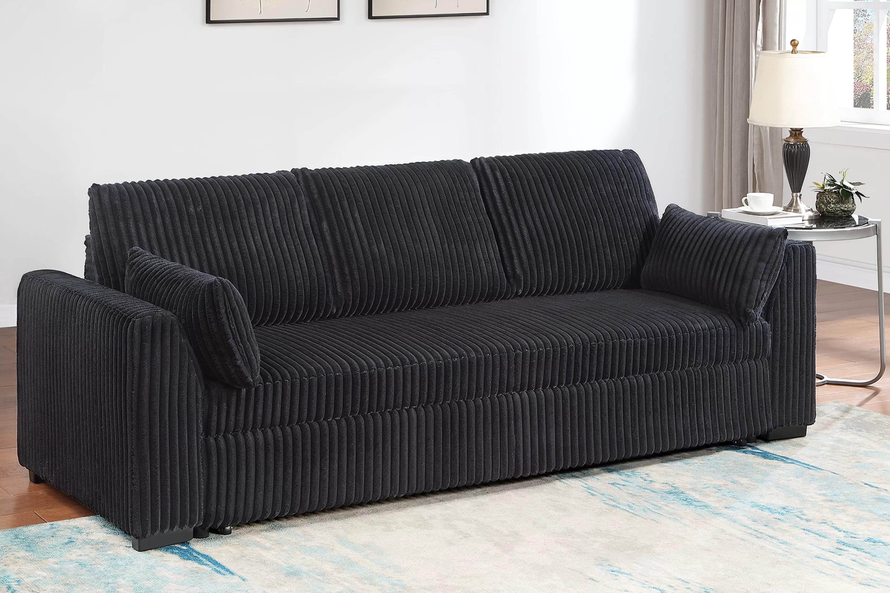 Poundex F7123 Black wide fur like corduroy fabric upholstered sofa sleeper with pop up sleep chaise