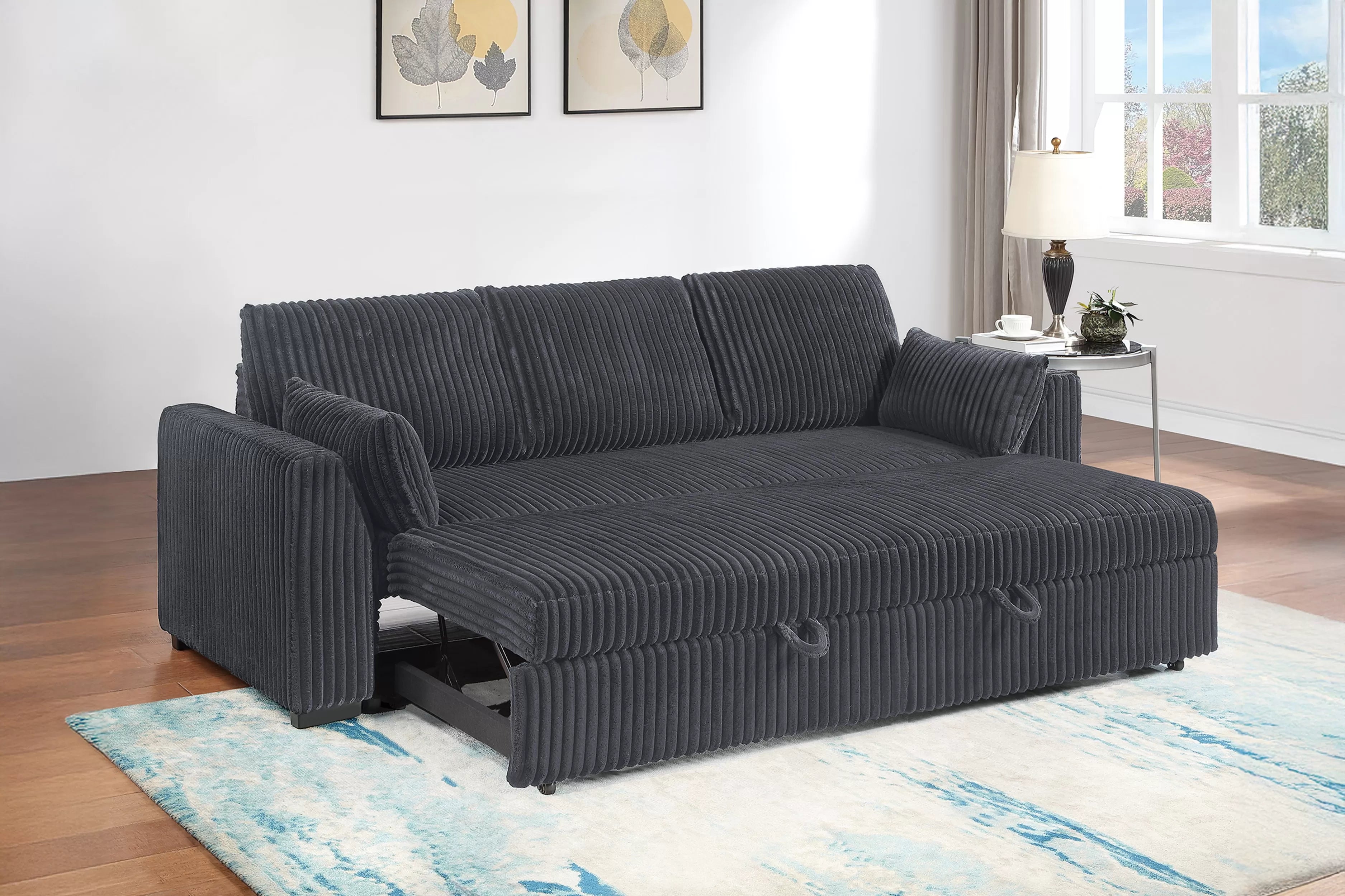 Poundex F7124 Dark grey wide fur like corduroy fabric upholstered sofa sleeper with pop up sleep chaise