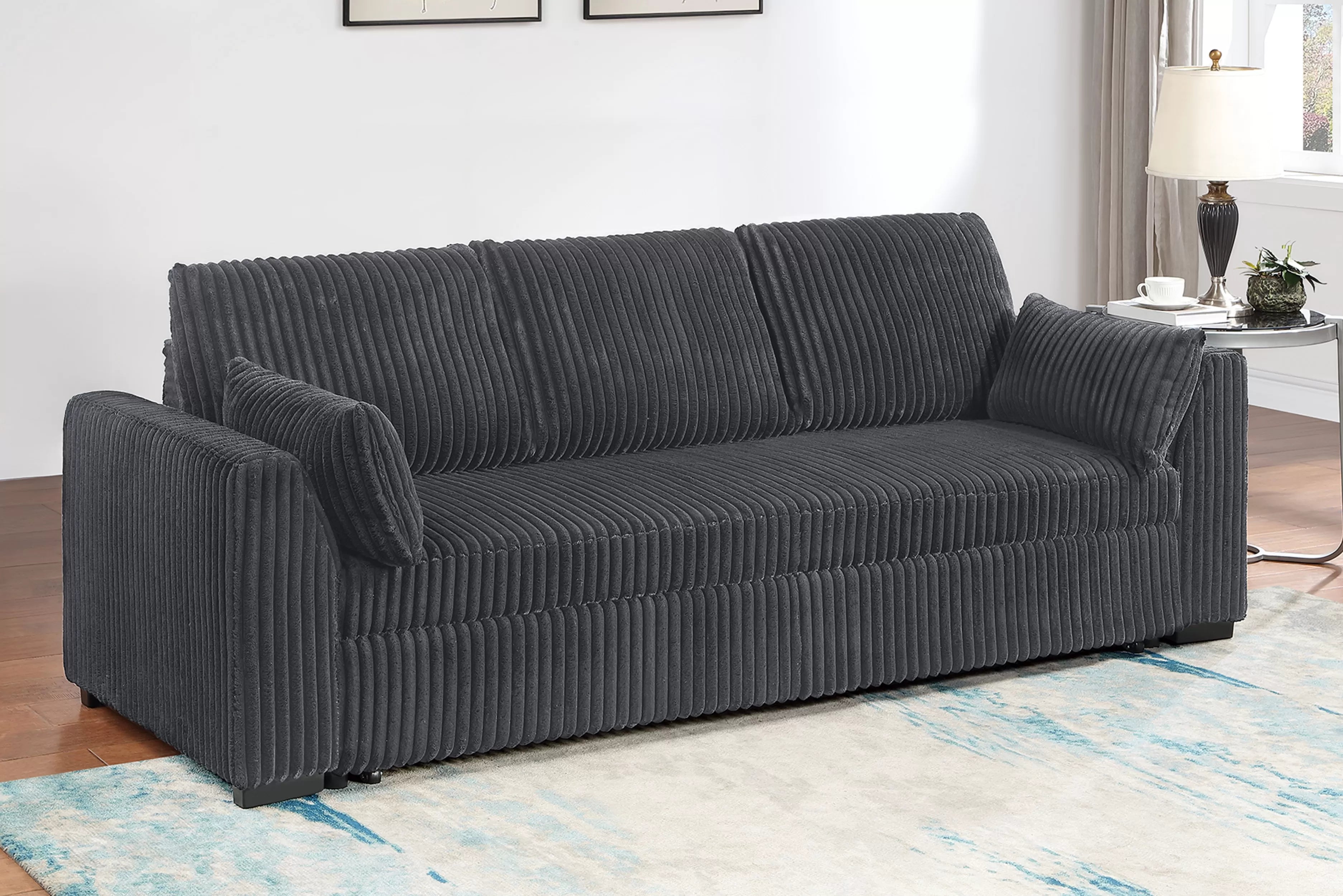 Poundex F7124 Dark grey wide fur like corduroy fabric upholstered sofa sleeper with pop up sleep chaise