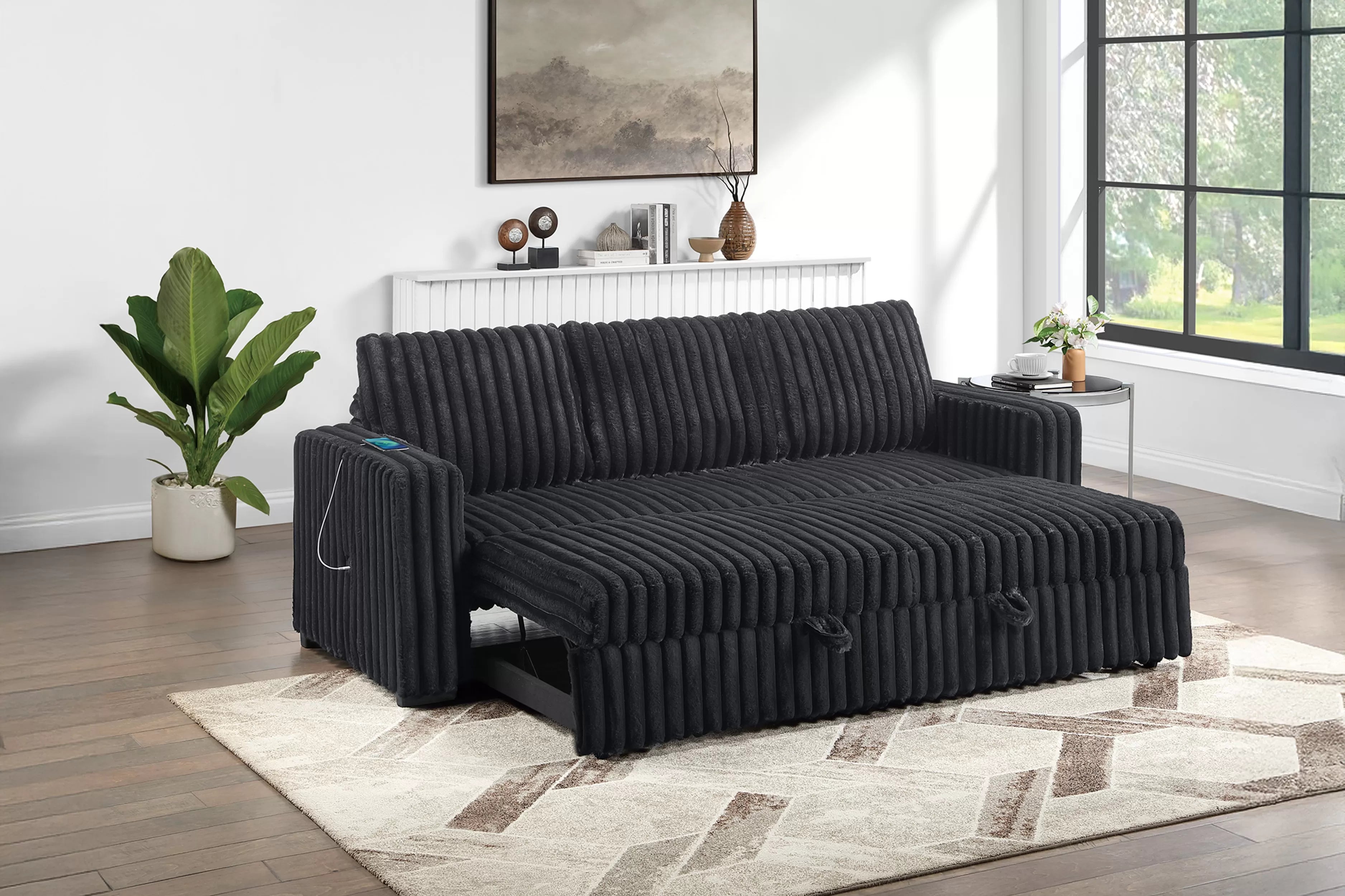 Poundex F7125 Onyx black wide fur like corduroy fabric upholstered sofa sleeper with pop up sleep chaise USB