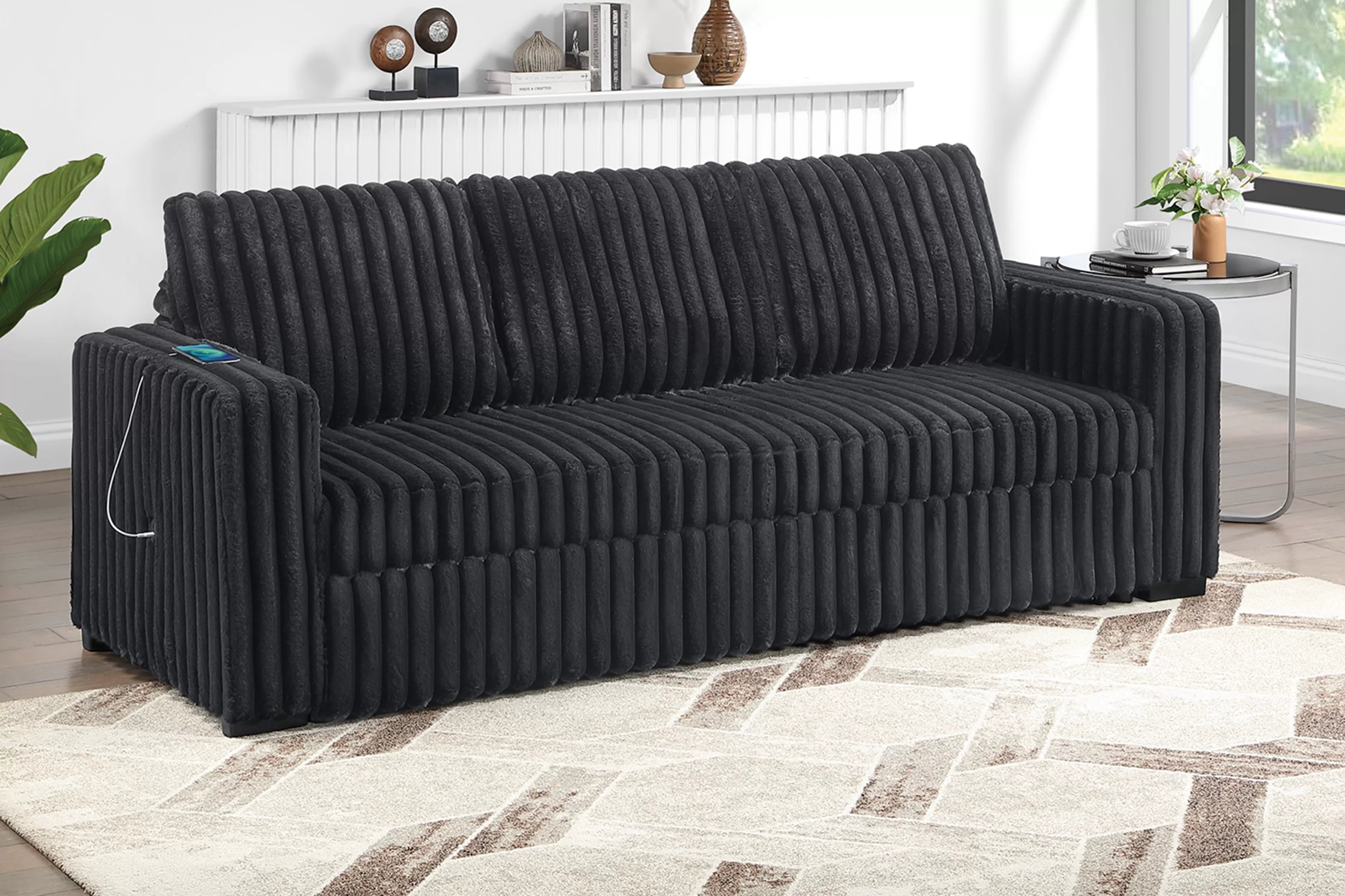 Poundex F7125 Onyx black wide fur like corduroy fabric upholstered sofa sleeper with pop up sleep chaise USB