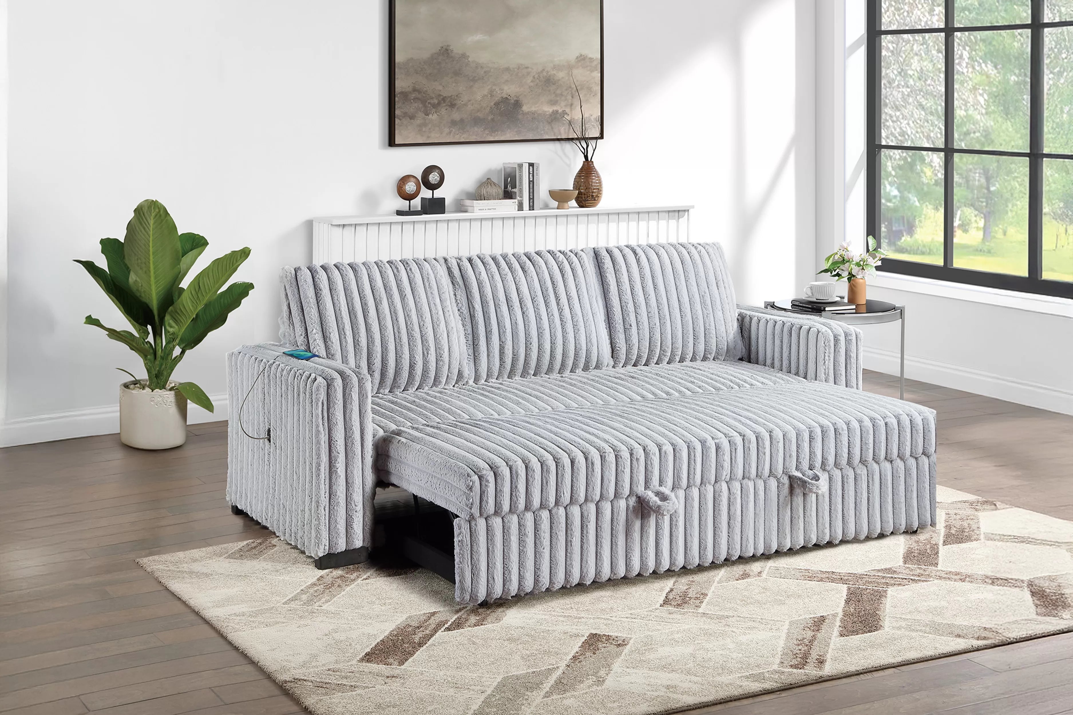 Poundex F7126 Mink grey wide fur like corduroy fabric upholstered sofa sleeper with pop up sleep chaise USB