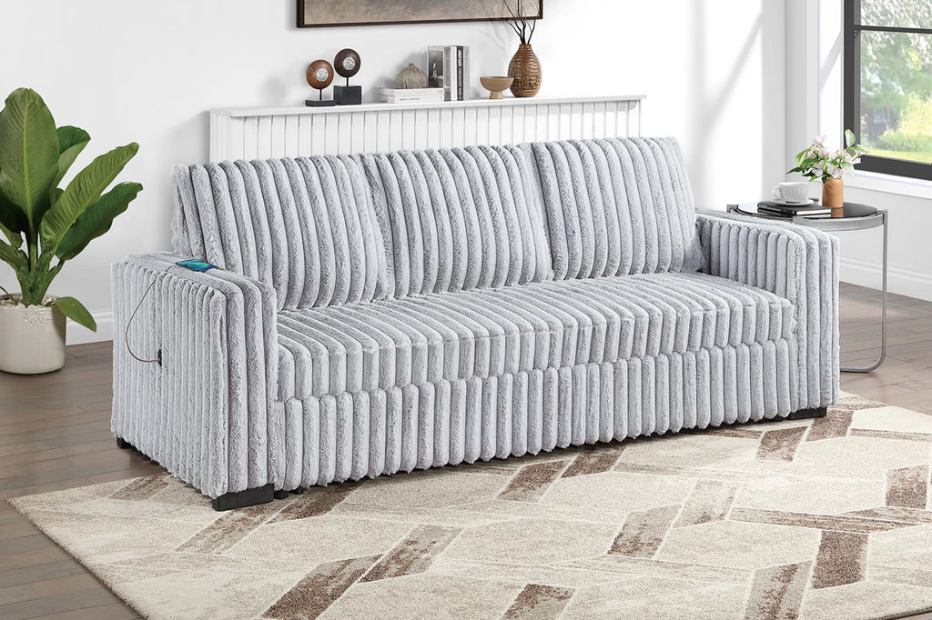 Poundex F7126 Mink grey wide fur like corduroy fabric upholstered sofa sleeper with pop up sleep chaise USB